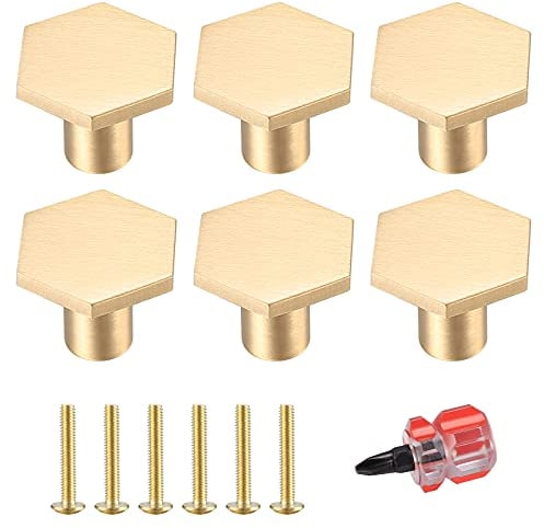 6 Pcs Brass Cabinet Door Knob, Hexagonal Gold Kitchen Door Knobs, Drawer Pulls Door Handles, Furniture Cupboard Drawer Cupboard Dresser Handles and Knobs, with Screws and Screwdriver (0.87*0.71 inch)