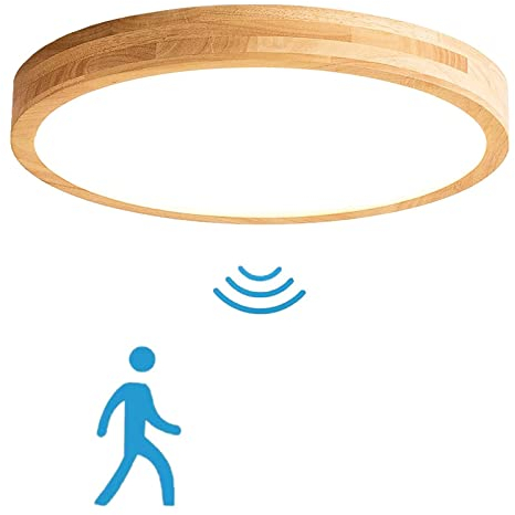 VOMI LED Holz Deckenlampe mit Bewegungsmelder, Runde Deckenleuchte 50cm Rustikale Holzlampe Decke Groß Massivholz Deckenbeleuchtung mit Sensor, 36W Kaltweiß 6000K