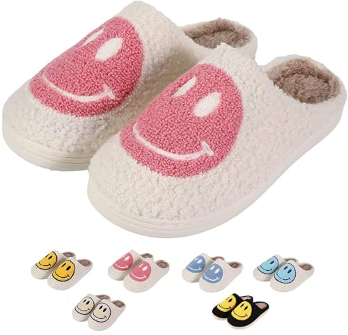 LEZIRTOI Retro Fuzzy Face Slippers for Women men, Womens Girls Cute Yellow the Lable Face House Slippers for Indoor Outdoor Pink/White/Black/Blue(Pink,42/43)
