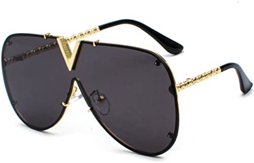 Zueauns Retro Sonnenbrille für Herren Damen üBergroßE Einteilige V-FöRmige Sonnenbrille Vintage Brille Metallrahmen UV 400 Fahrerbrille Sportbrille(Schwarz)