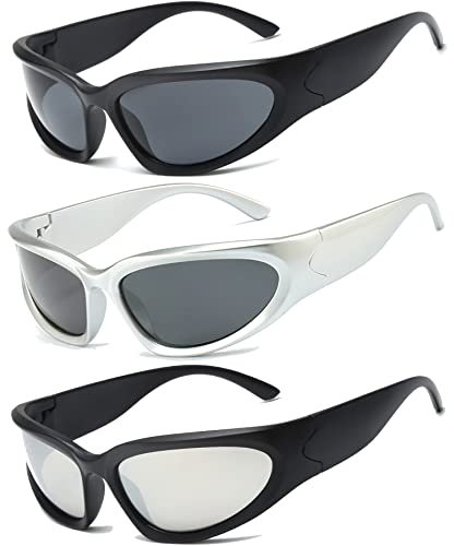 Long Keeper 3 Paar Futuristisch Vintage Sonnenbrille für Herren Damen Y2K Retro Sonnenbrille Wrap Around UV400 Radsportbrillen Fahrradbrille Sportbrille