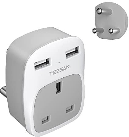 UK to India Plug Adapter with 2 USB, TESSAN India Travel Adapter 3 Pin Type D Plug, Grounded Socket Adaptor UK to Sri Lanka, Pakistan, Burma, Maldives, Iraq, Namibia, Nepal, Yemen, Zambia