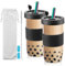 Dyserbuy Bubble Tea Cup, 2 Pack Smoothie Cup, 730ml Iced Coffee Cup, Glass Cups with Lids and Straws, Reusable Glass Tumbler with Silicone Sleeve, Straw Brush, Black