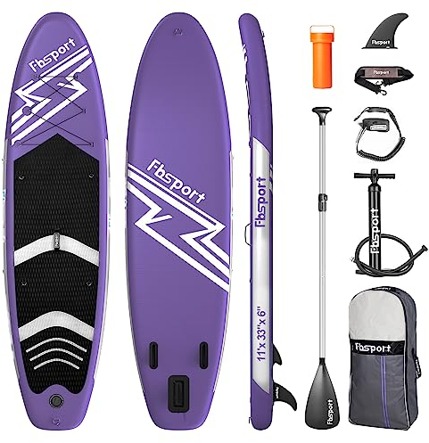 FBSPORT Aufblasbares SUP Board, Stand Up Paddling Board, Aufblasbare Stand Up Paddle Board für Stand-Up Paddling 15CM Dick, Surfbrett Kit mit Verstellbares Aluminium SUP Paddel+Pumpe(Purple)