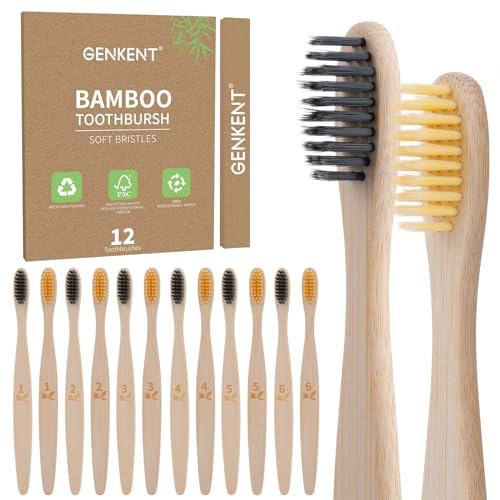 GENKENT Spazzolini in bambù naturale al 100%, 12 Pezzi Spazzolino Denti Legno, senza BPA, setole morbide in carbone, biodegradabile ecologico
