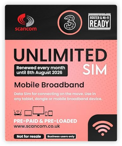 Three Unlimited Data SIM – Uncapped 5G Speeds – Preloaded EVERY MONTH Until 8th AUGUST 2026 – No Contract – Plug & Play for Business Broadband, Routers & Phones