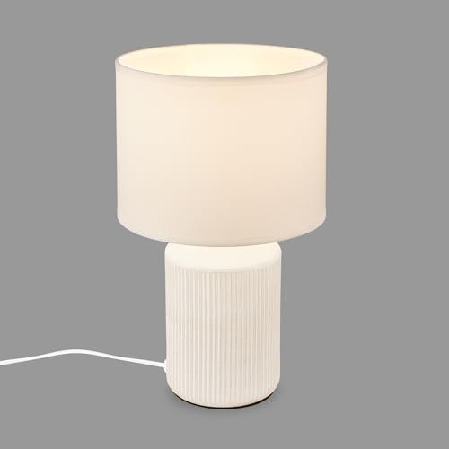 BRILONER - Tischlampe mit Stoffschirm, Kabelschalter, Keramikfuß, Lampe, Nachttischlampe, Tischleuchte, Dekolampe Flur, Bürolampe, Leselampe, Wohnzimmer, Schlafzimmer, 22x37,5 cm (DxH), Weiß