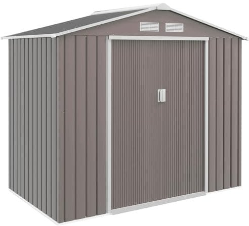 Outsunny Casetta da Giardino 2.5m² in Acciaio Zincato con Basamento e Prese d'Aria, Capanno Porta Attrezzi con Tetto Inclinato, Doppie Porte Scorrevoli Bloccabili, 213x130x185 cm, Grigio