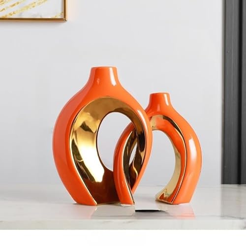 vasi decorativi in ceramica dal design moderno con forme curve intrecciate e finitura lucida o opaca ideale per soggiorno, camera, ingresso (Arancione con interno oro)