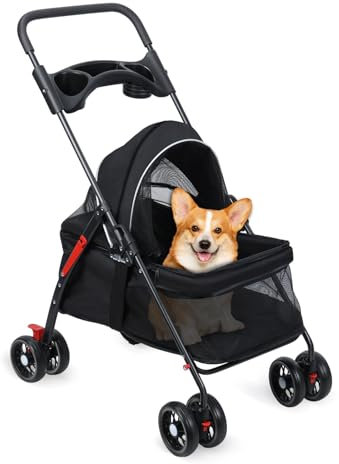 kamulouk 4 Räder Hundebuggy, Outdoor Hundewagen, Hundebuggy bis 10kg mit Cuphalter, Atmungstiv und Gewichtbar Mesh für Mittelleer Klei, Schwarz