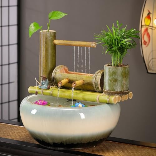 Fontaine à eau en bambou pour intérieur et extérieur, 25,4 cm de haut, fontaine électrique japonaise pour jardin, cascade pour extérieur, 100 % fabriquée à la main, vert naturel
