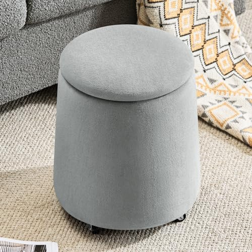 Hellove Puff Almacenaje Bouclé, Redondo Taburete Baúl con Tapa Reversible, Asiento Acolchado, Silla de Maquillaje con Ruedas Ø37 x 45cm para Salón, Dormitorio y Pasillo, Gris