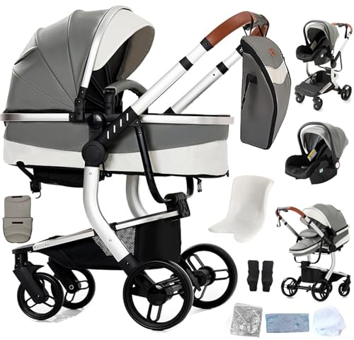 3 in 1 Reisesystem Kinderwagen mit bidirektionaler Schubfunktion, Multifunktional, Hochansicht, für Babys 0-3 Jahre, mit Schlafkorb und Autositz (X518-GREY)