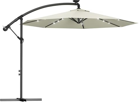 AufuN Alu Sonnenschirme 300cm mit Solarbetriebene Weiß LED UV Schutz 40+ - Beige balkonschirm gartenschirm höhenverstellbarer (Beige mit solar LED)