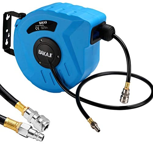 Bakaji Avvolgitubo Aria Compressa con Tubo 10 mt Attacco 1/4 Fissaggio a Parete Muro Sistema blocco automatico, Salvaspazio Accessorio Compressore Aria compressa Pressione Max 12 Bar