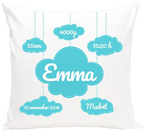 Personalisiertes Kissen mit Namen Baby-Geschenk zur Geburt Taufe für Mädchen Jungen Neugeborene mit Geburtsdaten und Namen & Datum (mit Füllung) Wolke [095]