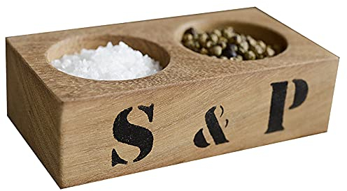 Hardwood Salt and Pepper Pinch pots with black S&P stencil handmade from repurposed, eco-friendly Iroko. Salt Pig, Salt Cellar. Seasoning pots. 50mm holes.