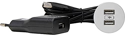 Kopp by ASA 939721010 VersaPICK USB-Ladestation zum Einbau in Arbeitsplatten, Schreibtischen oder Polstermöbeln, inkl. Einbaukit, Adapter und 2 Meter Anschlusskabel, Ausführung: rund, Farbe: aluminium