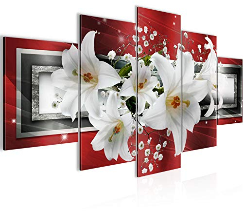 Runa Art Bild Wohnzimmer Schlafzimmer Blumen Lilien 5 Teilig Abstrakt Rot Grau Wandbilder auf Vlies Leinwand 204753b