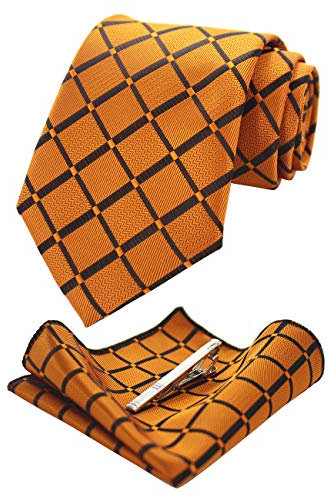 JEMYGINS Orange seide Krawatte und Einstecktuch mit krawattenklammer Set für Herren Seidenkrawatten Hochzeit Schlips (11)
