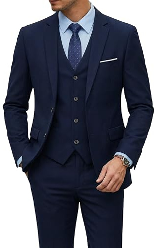 YND Men's 3 Piece Suit Set with Tie, 2 Button Slim Fit Solid Blazer Jacket Vest Pants, Business Wedding Party Suits for Men, Deep Blue