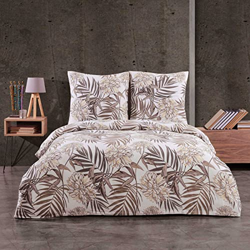 Style Heim Biber Bettwäsche 155x220 cm Flauschige Winterbettwäsche 2 Teilig 100% Baumwolle mit Reißverschluss Bettwäsche-Set Kissenbezug 80x80cm, Botanisch Geblümt Blumen-Muster Blätter, Beige Braun