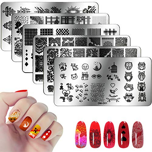 VETPW 6 Stücke Nail Art Stamping Templates Set, Nagel Kunst Stempelplatte Maniküre Tool, Nagel Stamping Schablonen mit Lace Love Heart Owl Cat Mandala Flowers Pattern