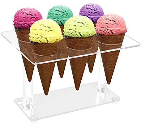 POHOVE Ice Cream Cone Holder 6 Holes Clear Acrylic Waffle Cone Display Stand Ice Cream Snow Cone Rack for Birthday Party Wedding, 6.77 x 4.72 x 4.33inch