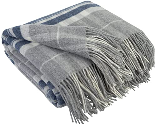 LYHome Kaschmir Decke mit Merino - Luxus Tagesdecke Kuscheldecke Wolldecke Sofadecke und Couchdecke, Sofa Wohndecke Plaid Überwurfdecke Sofaüberwurf, Couch Überwurf 140x200 cm Grau - Dunkelblau Tartan