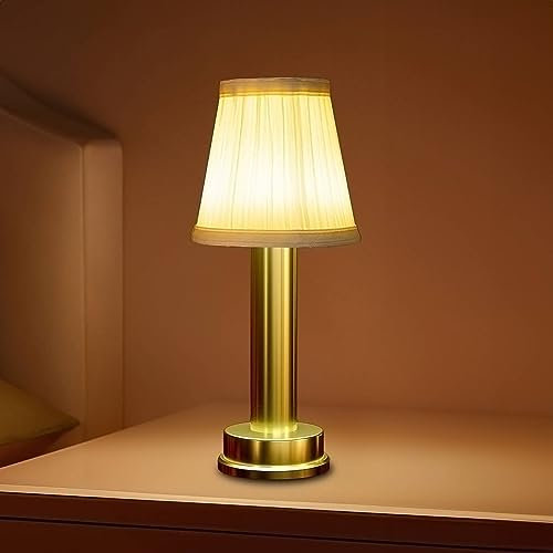 QJUZO Cordless LED Table Lamp with Battery, Rechargeable Table Lamp Outdoor Battery Operated USB Desk Lamp Bedroom Bedside Lamp with Fabric Shade, for Living Room Bar, 3W,Gold