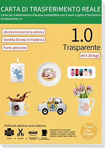 TransOurDream 20 Blatt A4 Transparentes Inkjet-Drucker-Blatt für DIY Wasser-Aufkleber für Kerzen, Nail Art, Tassen (I-6-20)