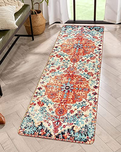 KIMODE Teppich Läufer Flur 60 x 180 cm,Boho Blumen Medaillon Orientalischer Distressed rutschfest Waschbarer Kunstwolle Kurzflor Küchenläufer Für Eingangsbereich Küche Nachttisch Wäsche