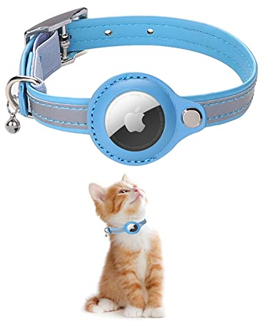 KOLACEN Leder Reflektierendes AirTag Katzenhalsband, Airtag mit Airtag Hülle und Glocke, Einstellbares Airtag Katzenhalsband mit abbrechbarer Sicherheitsschnalle für Katzen Kätzchen Welpen (Blau)