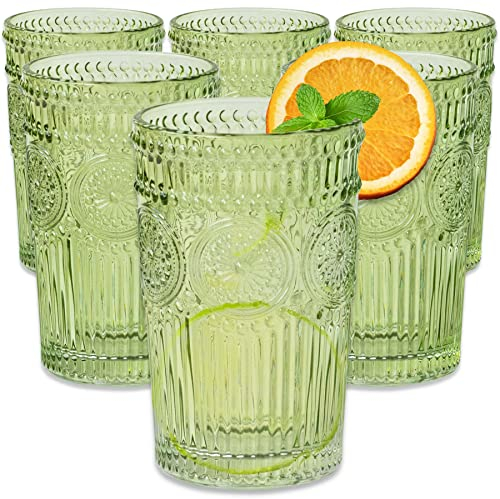 Kate Aspen Vintage Ribbed Green Drinking Glasses Set of 6-13 oz Embossed Glass Cups for Water, Iced Tea, Cocktails - Colored Glassware for Kitchen, Vintage Tumblers, Cute Glass Cups, Boho Drinkware