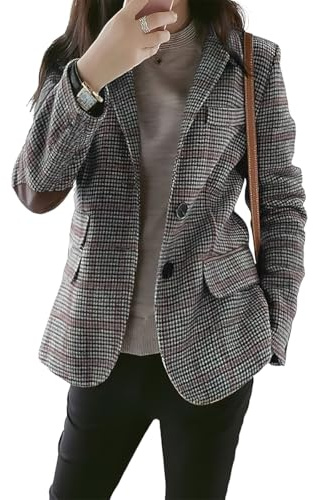 ebossy Womens Vintage Nothced Lapel Single Breasted Boyfriend Blazer Suits Houndstooth Plaid Jacket Coat with Patched Elbow (Large, Grey)