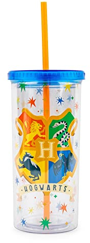 Tazza di carnevale in plastica con stemma di Harry Potter Hogwarts, bicchiere da viaggio con coperchio e cannuccia riutilizzabile, contiene 567 ml