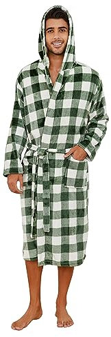 Vulcanodon Bademantel Herren flauschig mit Kapuze, Fleece Bademantel Plüsch Bademäntel für Herren Morgenmantel Hausmantel (Büffelkaro-Grün, L/XL)
