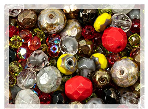 50g Mix of Faceted Fire Polished Czech Glass Beads (Round, Rondelle etc) 4-10mm, Red Yellow Gray