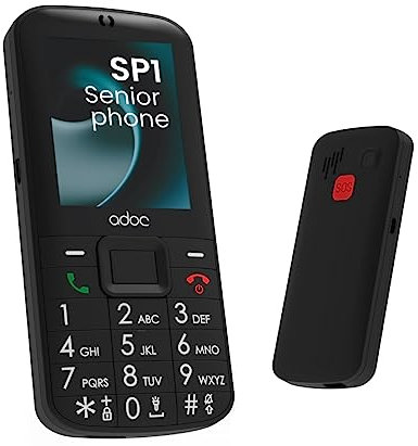 ADOC SP1 - Teléfono Móvil para Personas Mayores, Teclas e Iconos Grandes, Botón SOS, Android, 4G, Bluetooth, Wi-Fi, GPS, Cámara, 1.400 mAh, microSD, Linterna, Jack 3.5, Fácil de Usar, Color Negro