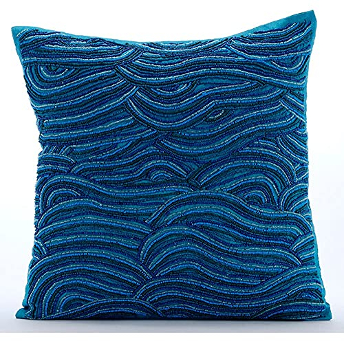 The HomeCentric Handgefertigt Blau Zierkissen Abdecken, Wulstige Ombre Meer Wellen Ocean & Beach Theme Kissen Decken, 2 Stück, 40x40 cm Kissen Decken, Platz Seide Kissen Decken, Art Deco - Sea Windsor