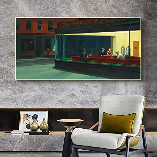 Berühmtes Nighthawks-Poster Gerahmtes Kunstdrucke auf Leinwand- Vintage-Wandkunst, Bilddruck auf Leinwand, Gemälde für Wohnzimmer, Heimdekoration, 30 x 60 cm, rahmenlos