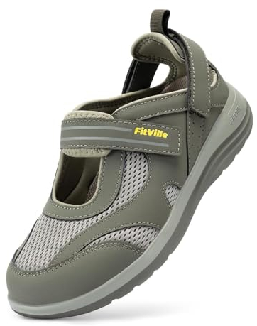 FitVille Breit Zehentrenner Sandalen Damen mit Klettverschluss Senioren Gesundheits Halbschuhe für dicke Füße Grau gr.38 EU Weit