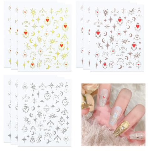 9 Blatt Nail Art Sticker Selbstklebend, 3D Nagelsticker Bunte Stern Mond Nagelfolie, Nagel Stickers Sonne Dekoration Nageldesign Zubehör für DIY Dekorationen, Nail Art, Phone Case (3 Farben)