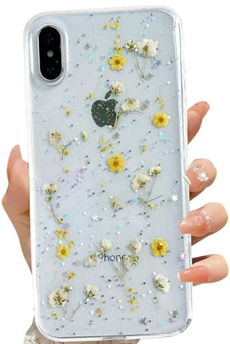 LSEEKA for iPhone Xs Max Clear Case with Pressed Real Flowers Design,Glitter Cute Yellow Floral Pattern Slim Soft TPU Protective Women Girl's Phone Cover for iPhone Xs Max