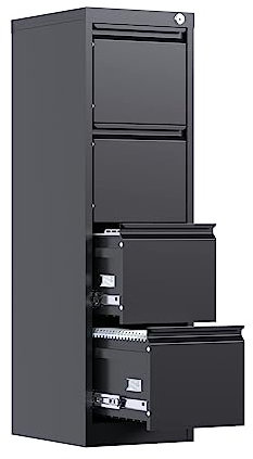 Super Metal Vertical File Storage Cabinet with Lock, 4 Drawer, Office/Home Steel File Cabinet for Letter/Legal Size, H133cm*W38cm*D45cm, Assembly Required (Black)