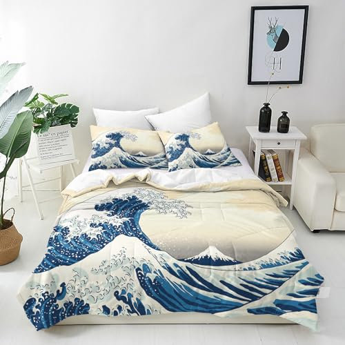 ANHOPE Japanische Welle Berg Fuji Bettwäsche Set Microfaser Bettbezüge mit Reißverschluss 3 Teilig Bettbezug 155x220 cm + 2 Kissenbezug 80x80 cm Weich Ganzjahres Bettdeckenbezug Set