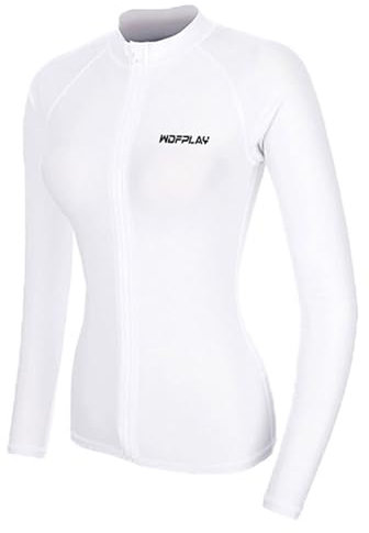 Doomiva T Shirt Anti UV Femme à Manche Longueet avec Zip Avant Vêtements Upf50+ Protection Solaire Rashguard Surf Natation Plage Blanc M