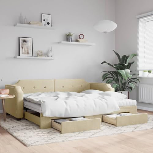 THOYTOUI Tagesbett Ausziehbar, Betten Polsterbett Bett Bettrahmen Geeignet für Gästezimmer Wohnung Schlafzimmer Mehrbettzimmer mit Schubladen Creme 90x200 cm Stoff