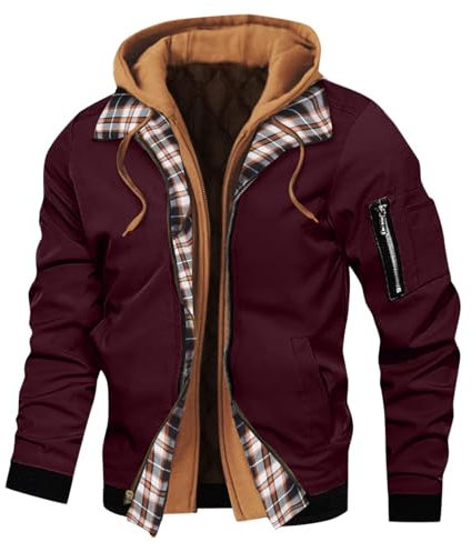 Ewleguzka Herren-Kapuzenjacke mit Fleecefutter, warm, gesteppt, dick, Fleece-gefüttert, Oberbekleidung, taktische Militär-Cargojacke mit Kapuze, Wein2, M