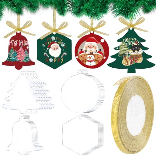 Adornos de Navidad de acrílico transparente, 24 piezas, 3 pulgadas, redondos, hexagonales, campanas, formas de árbol